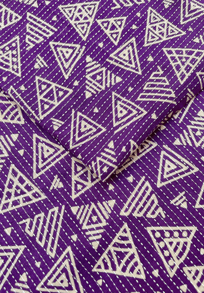 Vibrant Purple Geometric Kantha Stitch Cotton Fabric with Handcrafted Tribal Pattern