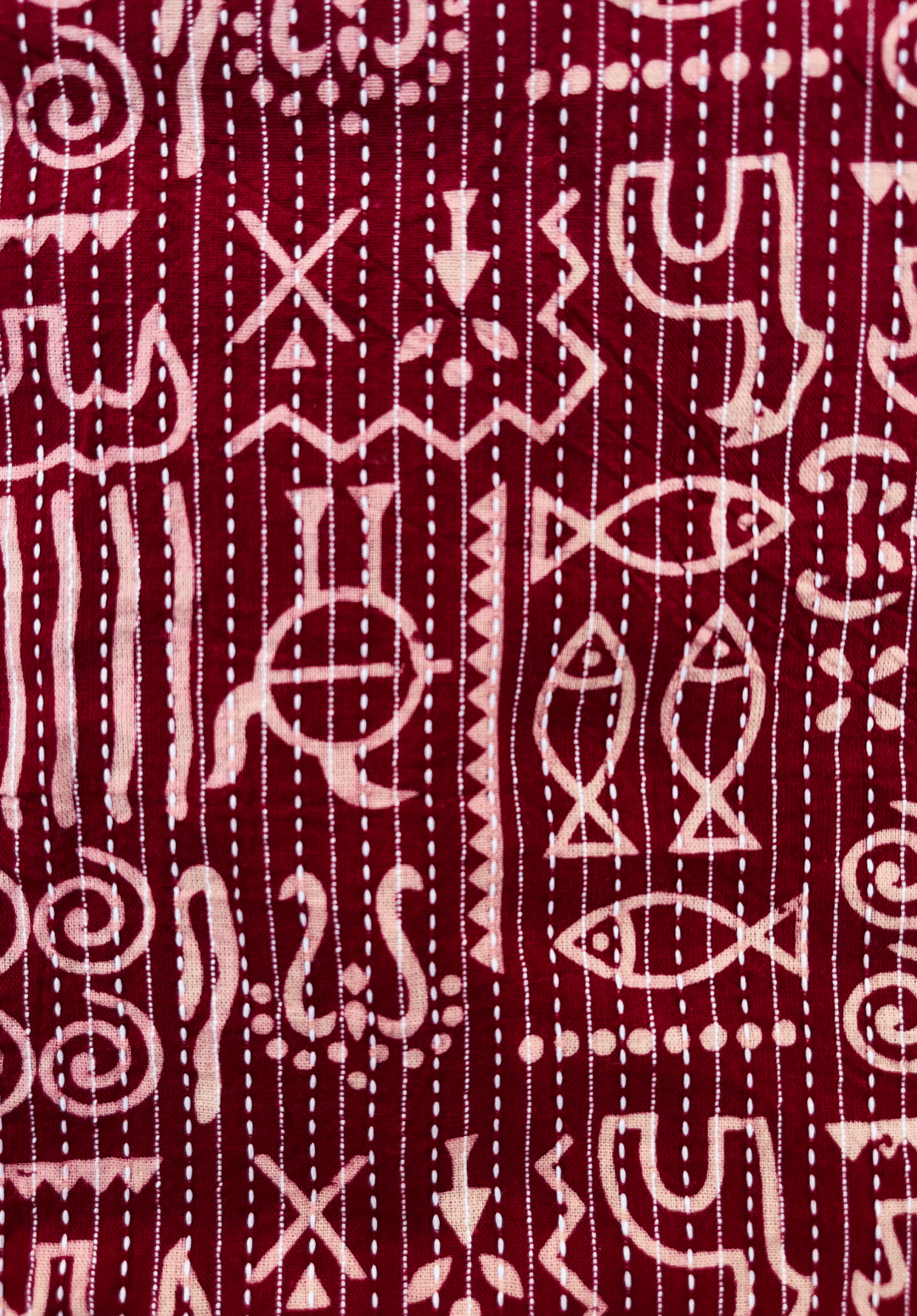 Deep Red Kantha Stitch Tribal Fabric with Symbolic Patterns