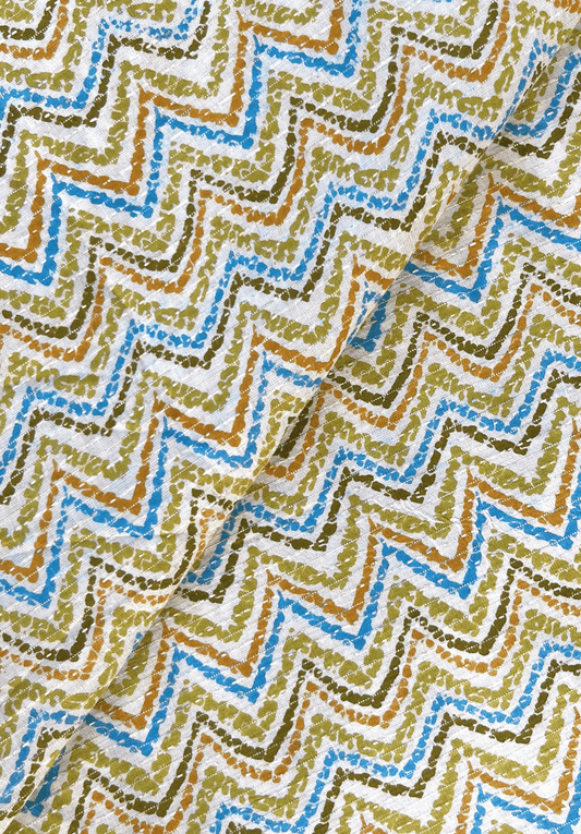 Fade Green Zigzag Kantha Screen Print Pure Cotton Fabric