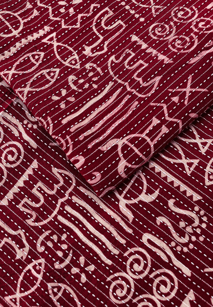 Deep Red Kantha Stitch Tribal Fabric with Symbolic Patterns