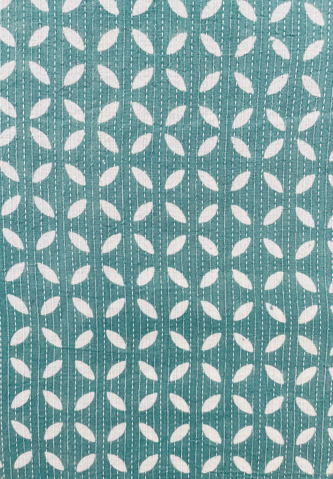 Teal Kantha Stitch Fabric with Leaf Pattern