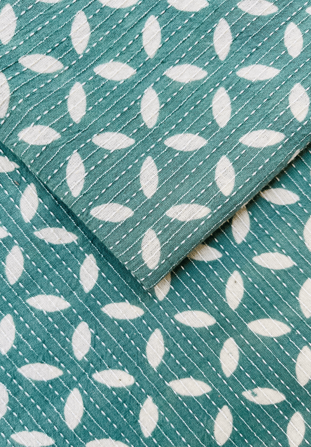 Teal Kantha Stitch Fabric with Leaf Pattern