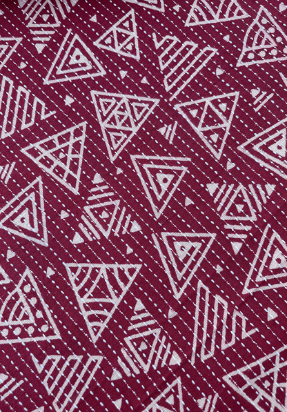 Maroon Kantha Stitch Fabric with Geometric Tribal Pattern