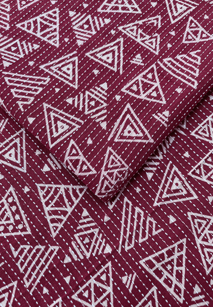 Maroon Kantha Stitch Fabric with Geometric Tribal Pattern