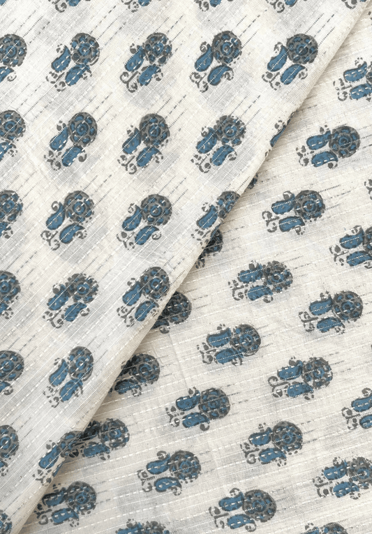 Elegant Blue Floral Kantha Print on White Pure Cotton Fabric