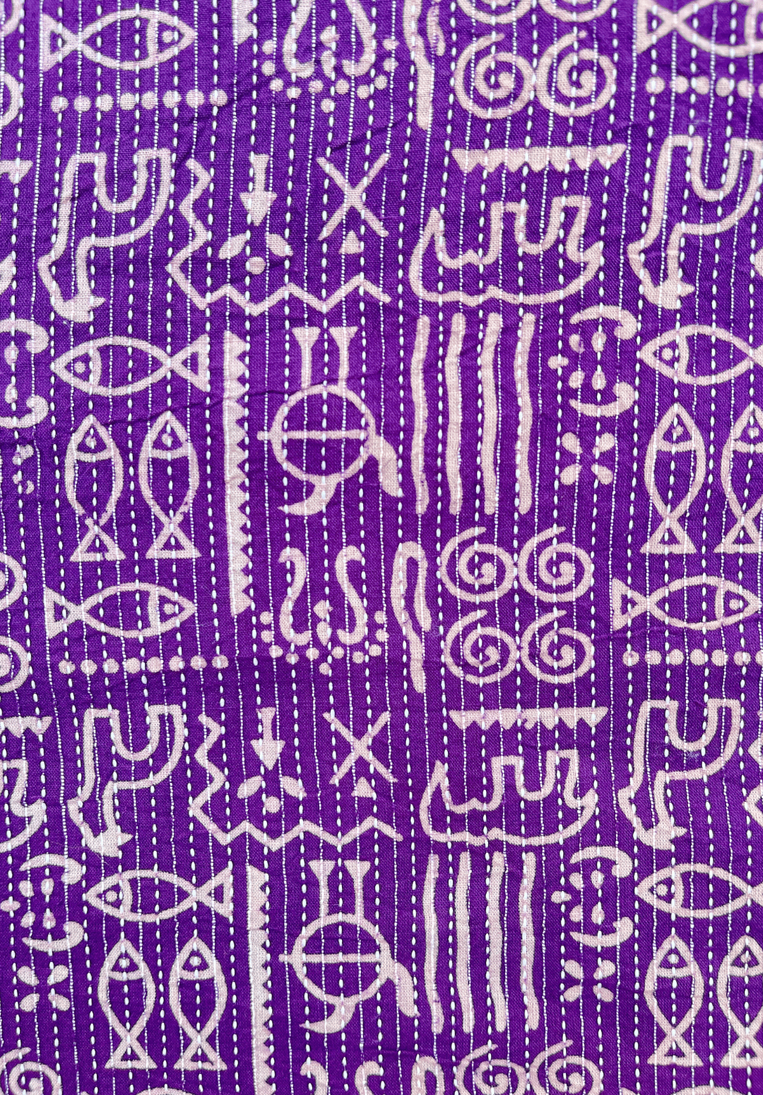 Purple Kantha Stitch Fabric with Tribal Motifs and Fish Patterns