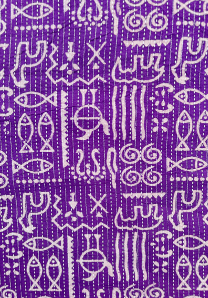 Purple Kantha Stitch Fabric with Tribal Motifs and Fish Patterns