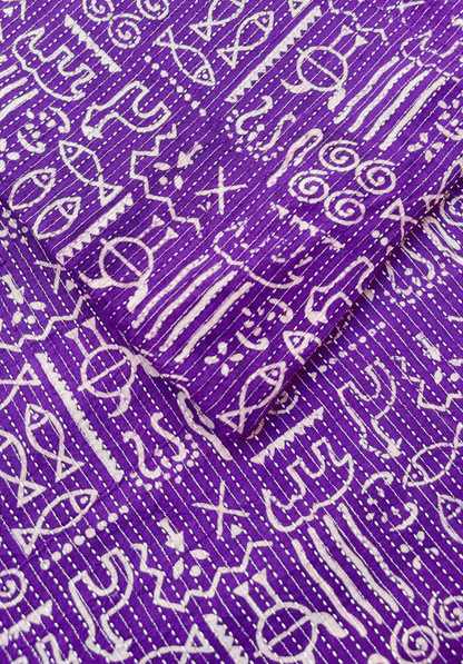 Purple Kantha Stitch Fabric with Tribal Motifs and Fish Patterns