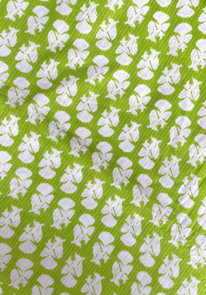 Vibrant Green Kantha Screen Print Pure Cotton Fabric