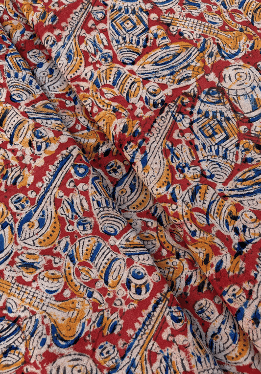 Vibrant Red & Indigo Musical Motif Traditional Kalamkari Fabric