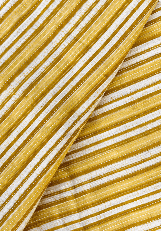 Golden Mustard Striped Kantha Screen Print Pure Cotton Fabric