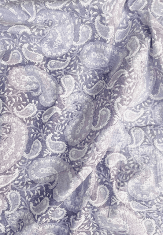 Elegant Grey Paisley Screen Print Pure Cotton Fabric