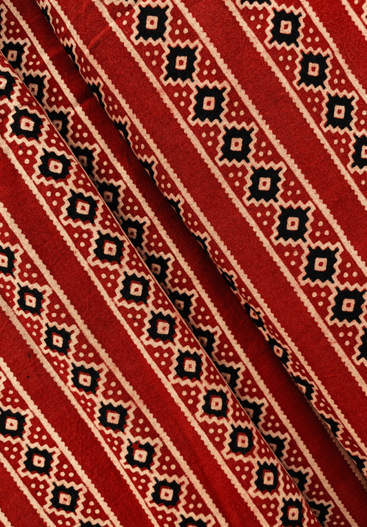 Diamond Motif Hand Block Fabric - Rust Red & Geometric Design
