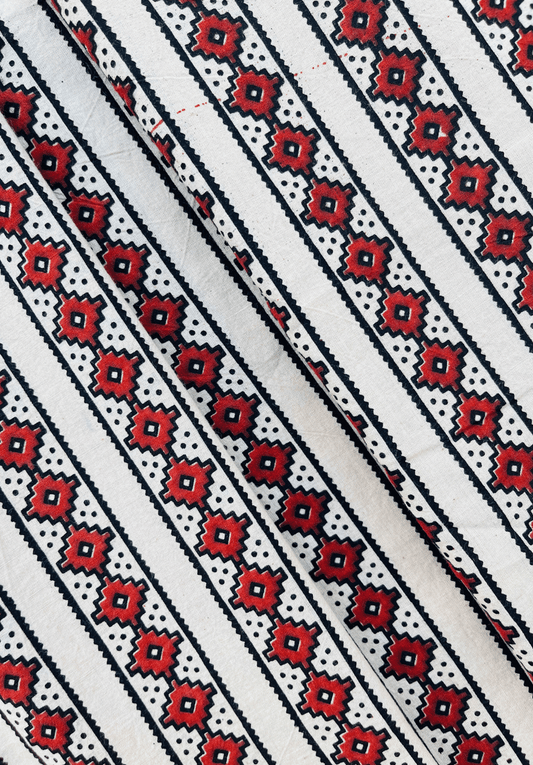 Diamond Motif Hand Block Fabric - Red & Black on Crisp White