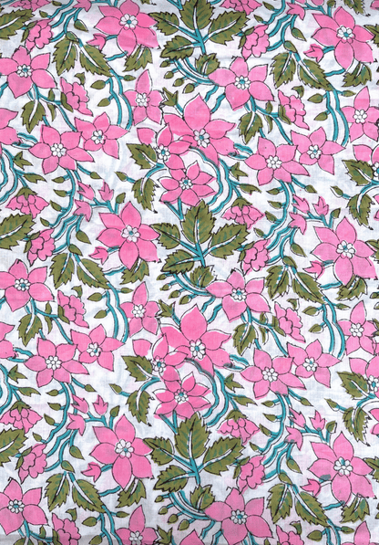 Elegant Pink Garden Hand Block Cotton Fabric