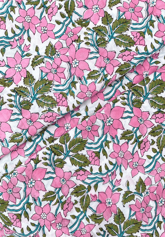 Elegant Pink Garden Hand Block Cotton Fabric