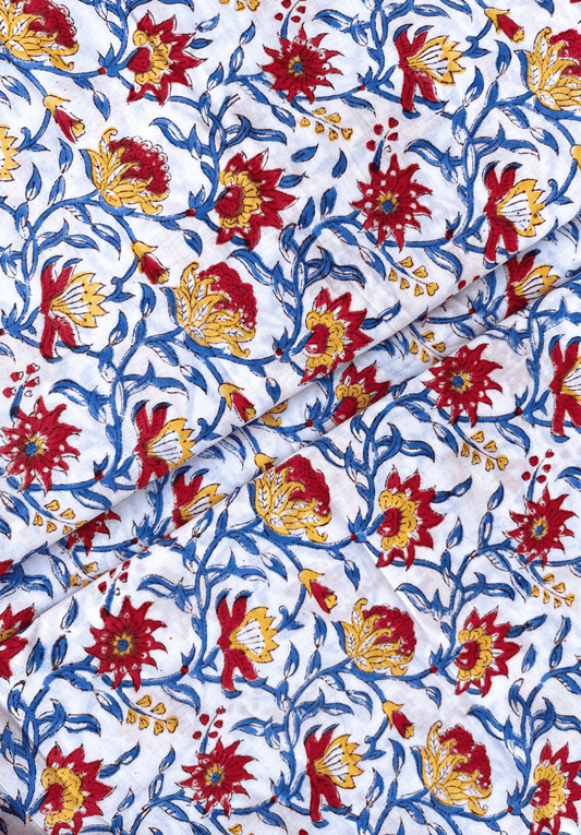 Handcrafted Cotton Fabric with Bright Floral Block Print