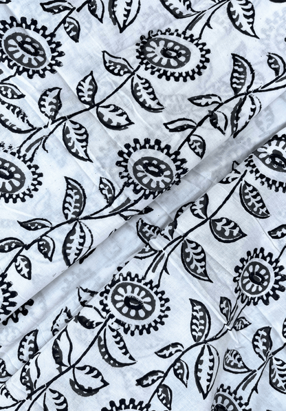 Classic White Cotton with Black Floral Block Print