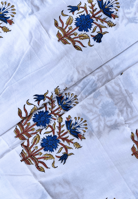 Traditional Indian Hand Block Print Blue Blossoms on White Cotton