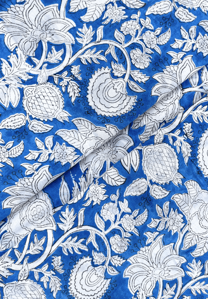 Classic Blue Background with White Folk Botanical Motifs