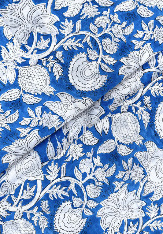 Classic Blue Background with White Folk Botanical Motifs