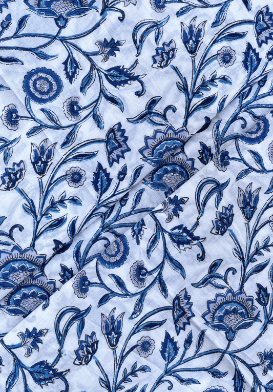 Soft White Fabric with Handprinted Blue Wildflowers
