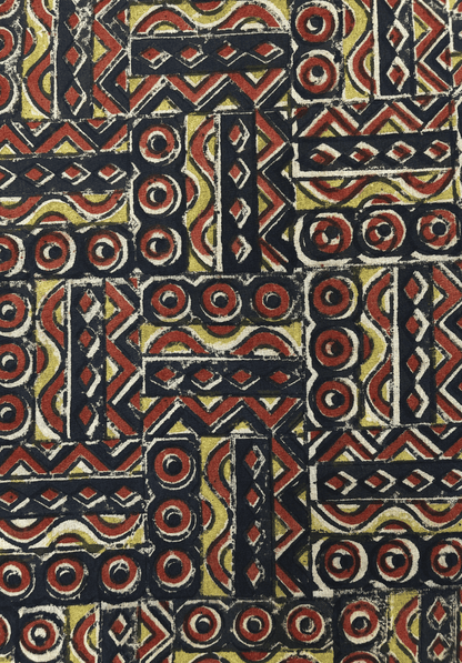 Traditional Printed Kalamkari Fabric with Tribal Mosaic Print on fade Black Background