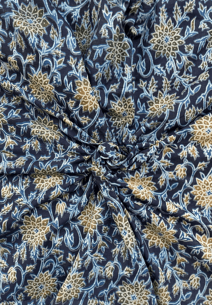 Intricate Floral Vanaspati Cotton - Navy Blue, Gold, & Light Blue